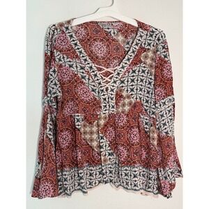 Emma‎ G Boho Medallion Patchwork Lace Up Bell Sleeve Peasant Blouse Rust Pink L